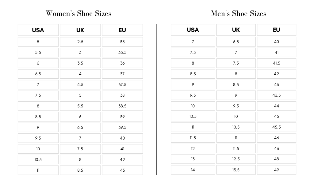 USA to UK to EU shoe size chart